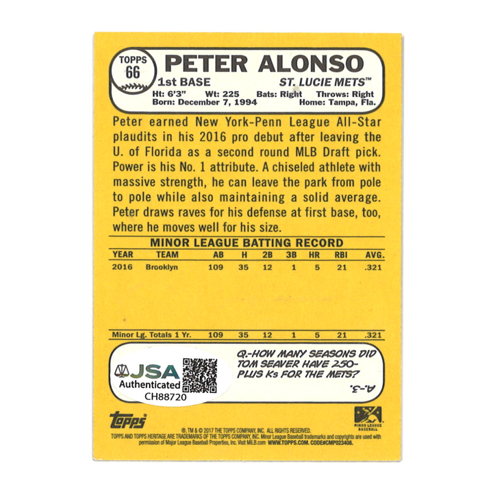 Pete Alonso New York Mets Autographed 2018 Topps Heritage Minors JSA COA