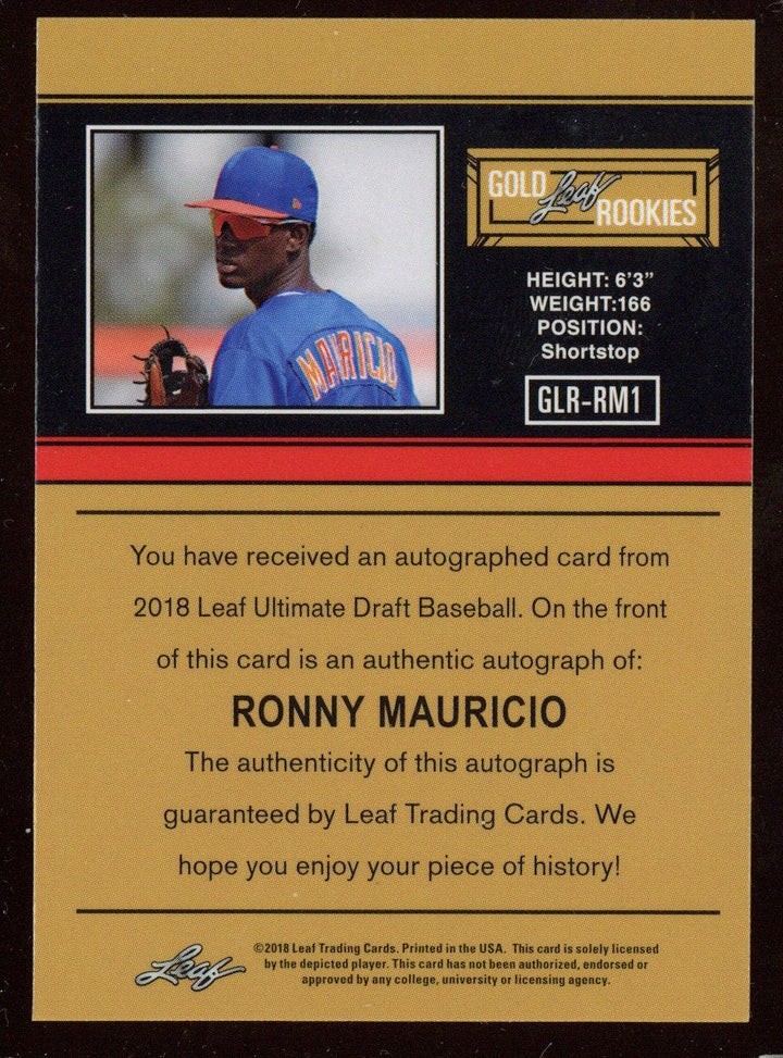 2018 Leaf Ultimate Draft Ronny Mauricio Auto Rookie RC Jersey # 2/15