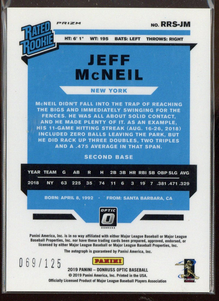 2019 Panini Donruss Optic Jeff McNeil #RRS-JM Purple /125 Auto Rookie RC