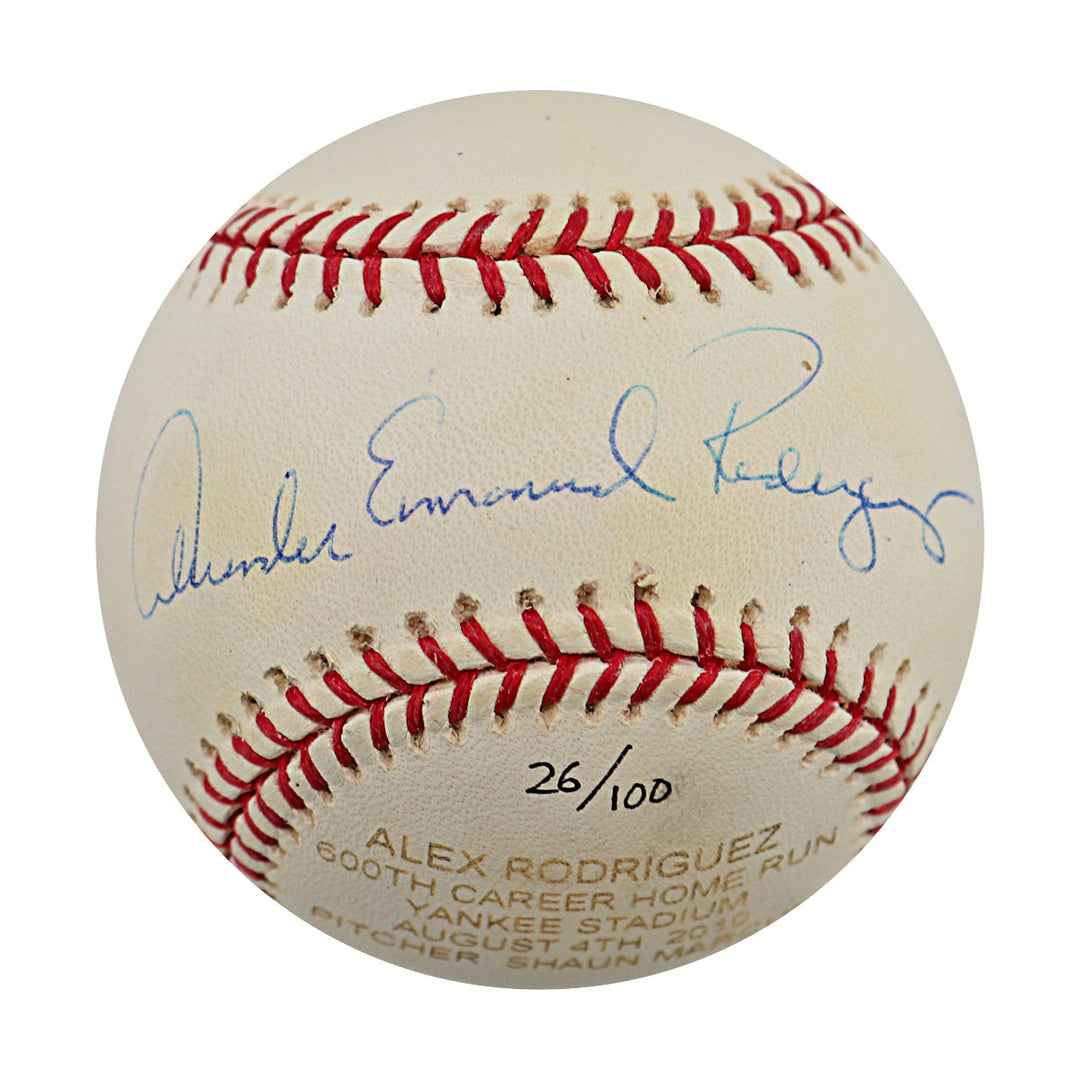 Alex Rodriguez New York Yankees Autographed Signed Inscribed Full Name 600th Career Home Run Engraved OMLB Baseball LE 26/100 (Arod Holo)