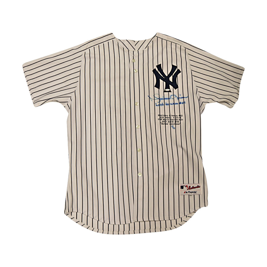 Mariano Rivera New York Yankees Autographed Signed Inscribed Stat Embroidered Majestic Authentic Jersey LE 8/42 (All American Collectibles COA)