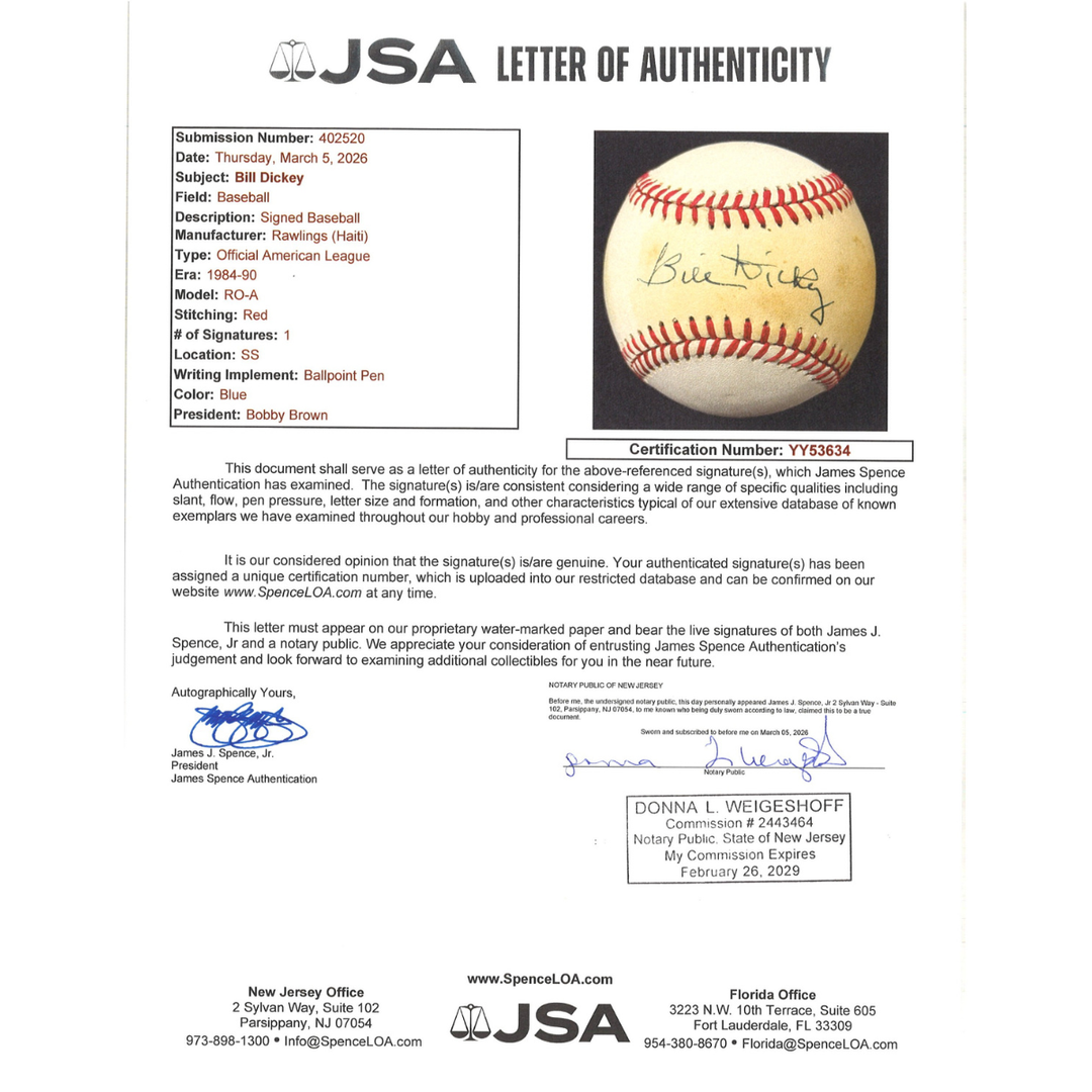 Bill Dickey New York Yankees Autographed OAL Baseball JSA LOA