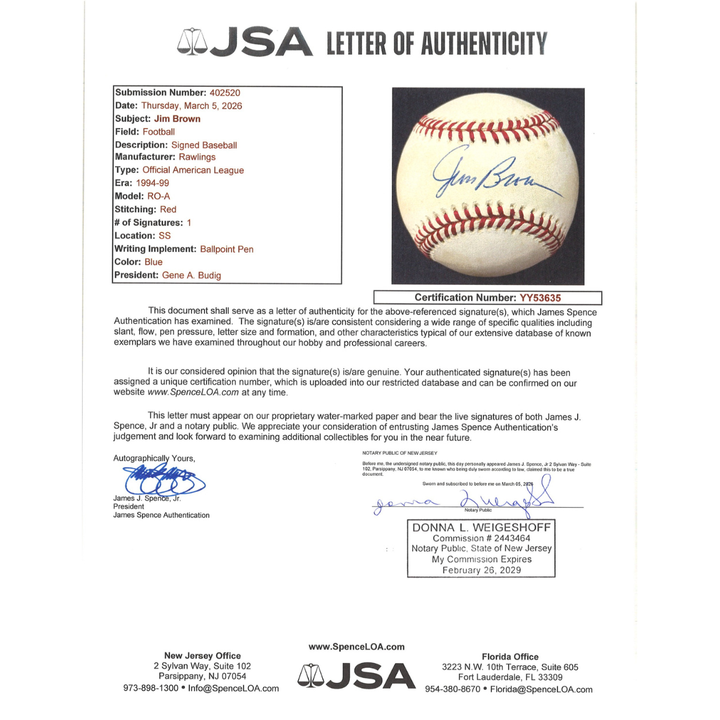 Jim Brown Cleveland Browns Autographed OAL Baseball JSA LOA