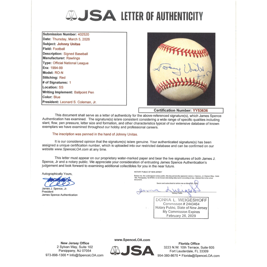 Johnny Unitas Baltimore Colts Autographed Inscribed ONL Baseball JSA LOA