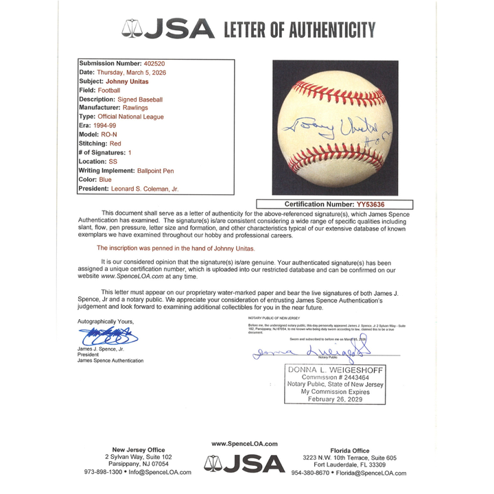 Johnny Unitas Baltimore Colts Autographed Inscribed ONL Baseball JSA LOA