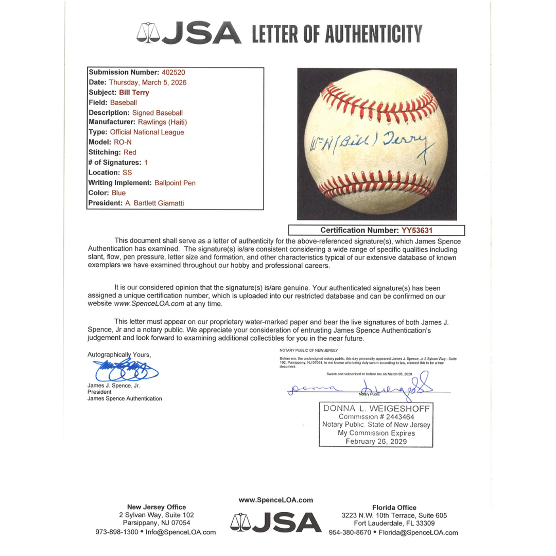 Bill Terry San Francisco Giants Autographed ONL Baseball JSA LOA