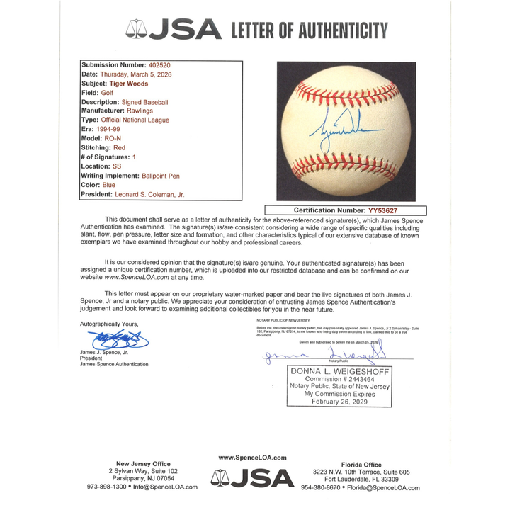 Tiger Woods Autographed ONL Baseball JSA LOA