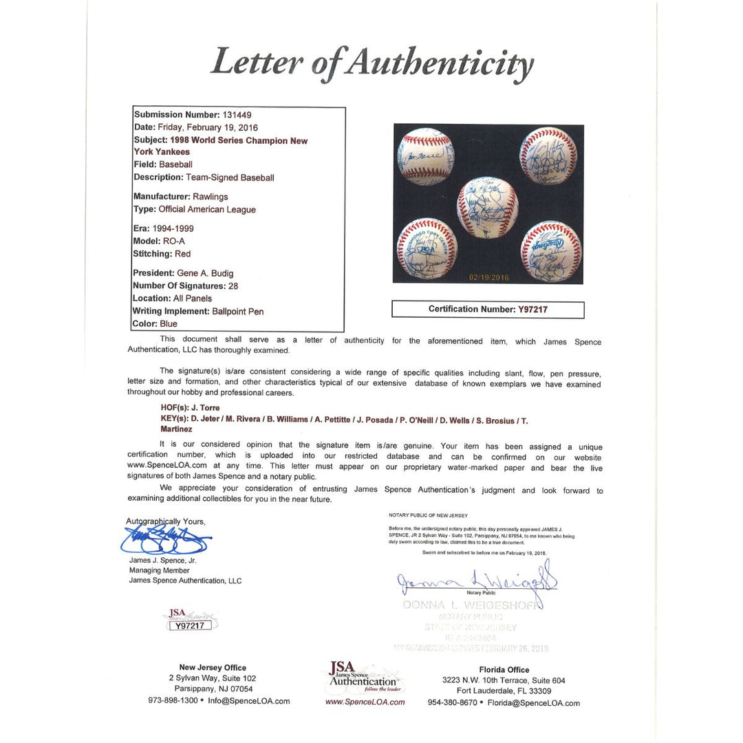 Torre Jeter Rivera 98 New York Yankees Team Signed OAL Baseball 28 Autos JSA LOA