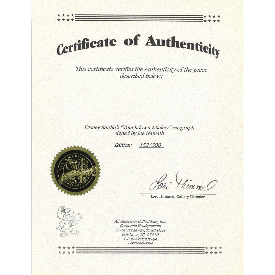 Joe Namath Jets Autographed Mickey Mouse 22x31 Litho LE 152/300 All American LOA