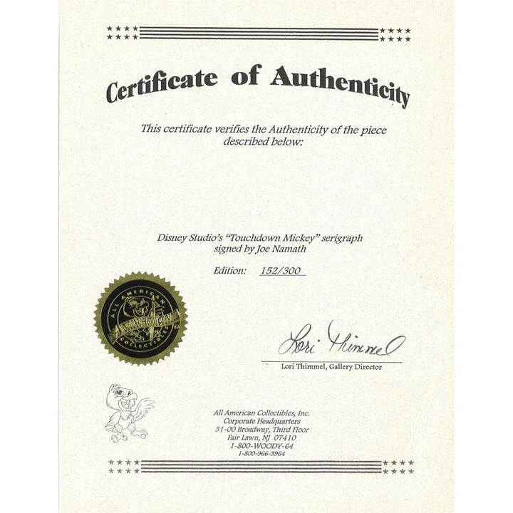 Joe Namath Jets Autographed Mickey Mouse 22x31 Litho LE 152/300 All American LOA
