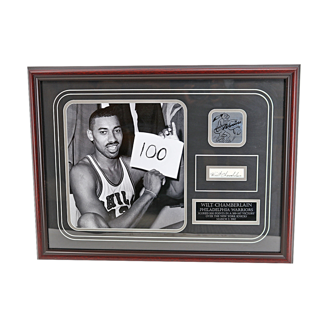 Wilt Chamberlain 76'ers Autographed Framed Cut Collage 100 Point Game JSA COA