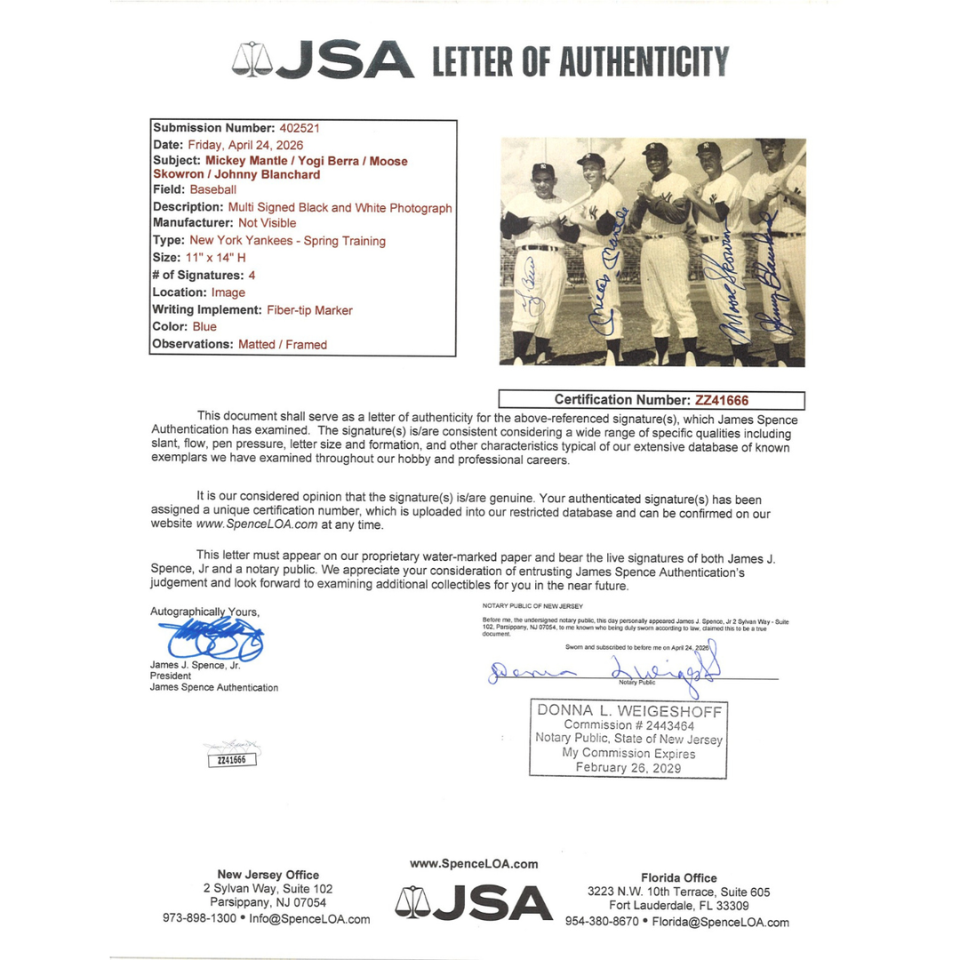 Mantle Berra Skowron Blanchard New York Yankees Multi Signed Framed 11x14 Photo JSA LOA