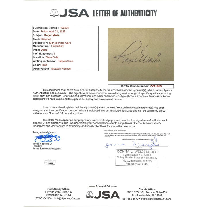Roger Maris New York Yankees Autographed Framed Index Card Cut JSA LOA