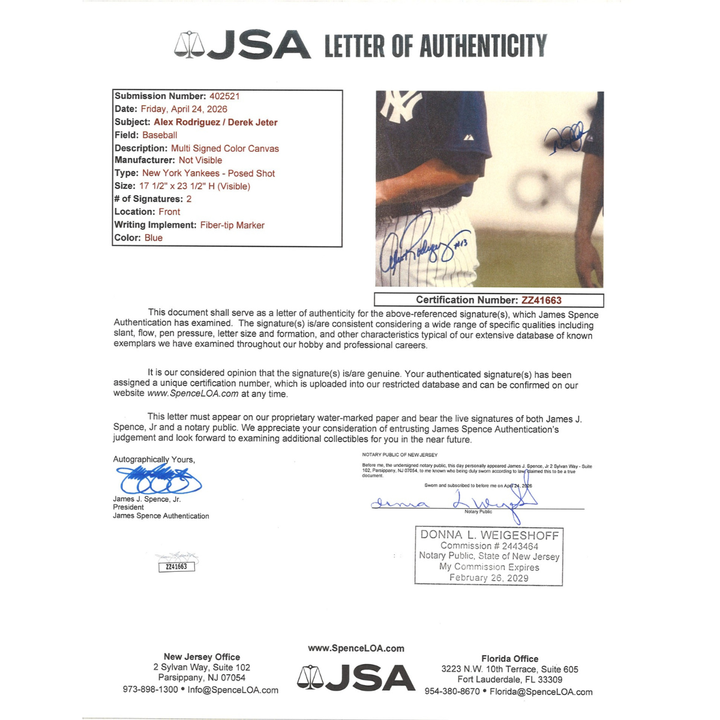 Derek Jeter Alex Rodriguez New York Yankees Dual Signed Framed 16x20 Photo JSA LOA