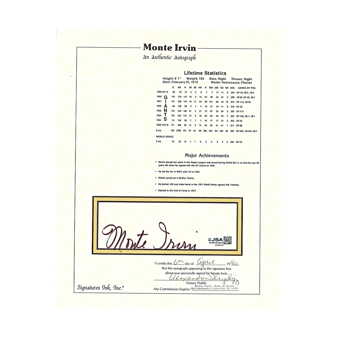 Monte Irvin San Francisco Giants Autographed 8x10 Stat Sheet Photo JSA COA