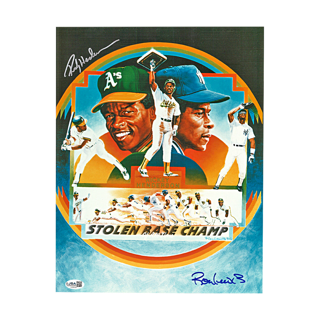 Rickey Henderson Athletics Yankees Autographed Stolen Base 11x14 Photo JSA COA