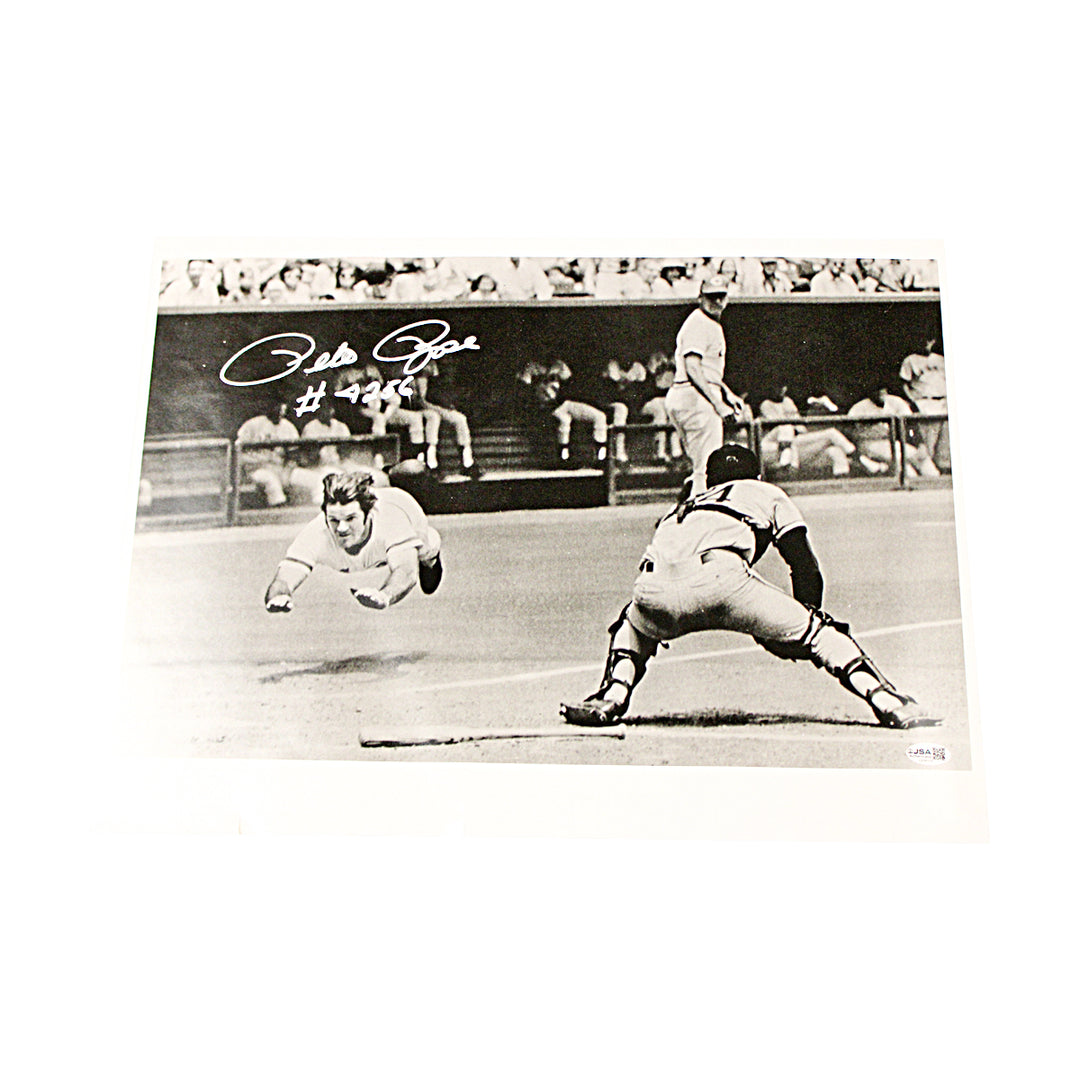 Pete Rose Cincinnati Reds Autographed Inscribed Dry Mounted 16x20 Photo JSA COA
