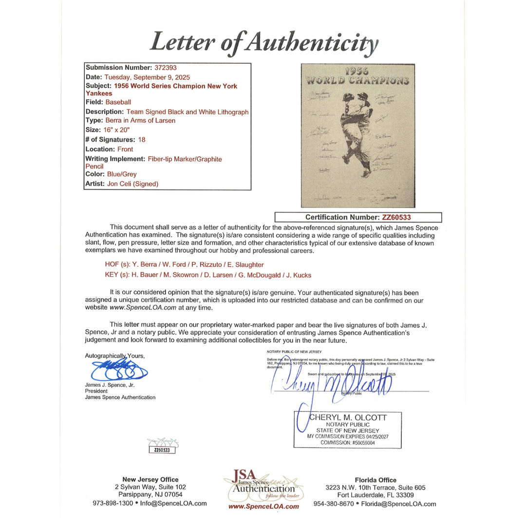 Berra Ford Rizzuto 1956 New York Yankees Multi Signed 16x20 Litho 18 Autos JSA LOA