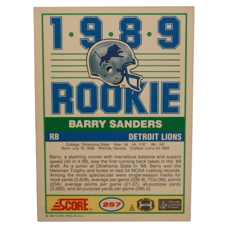 Barry Sanders Detroit Lions 1989 Score #257 Rookie Card
