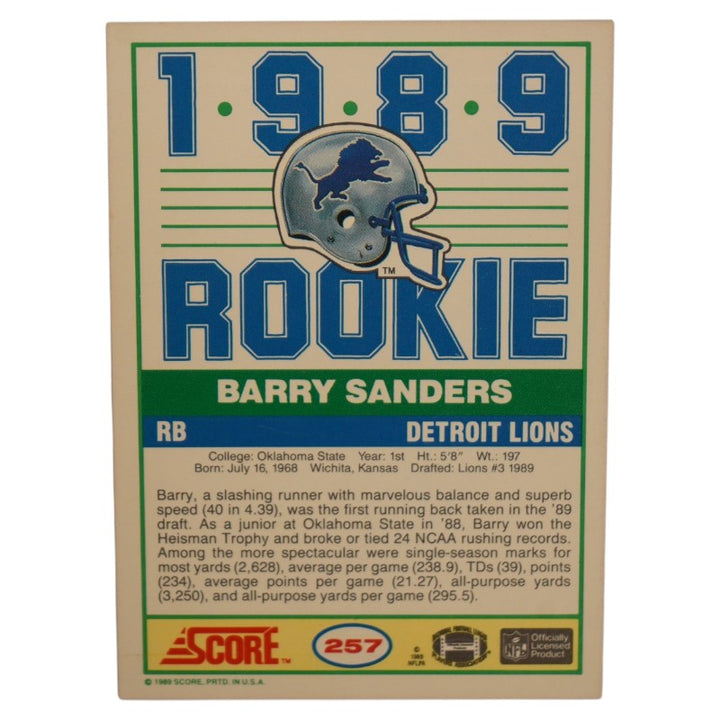 Barry Sanders Detroit Lions 1989 Score #257 Rookie Card