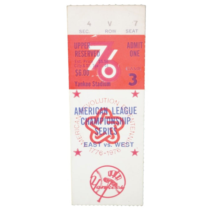 1976 ALCS Game Three Yankees vs. Royals 10/12/1976 Yankee Stadium Ticket