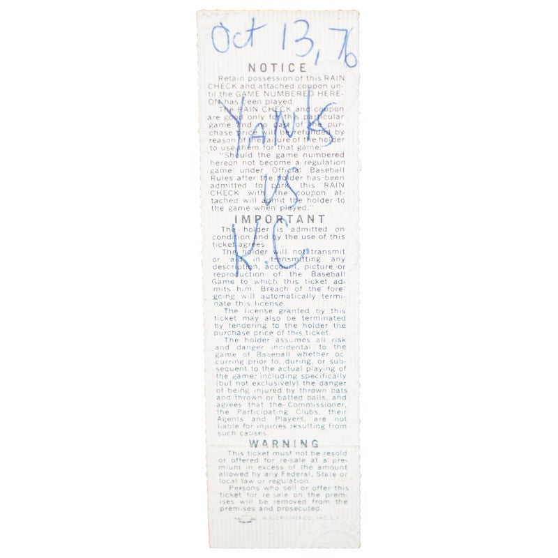 1976 ALCS Game Four Yankees vs. Royals 10/13/1976 Yankee Stadium Ticket