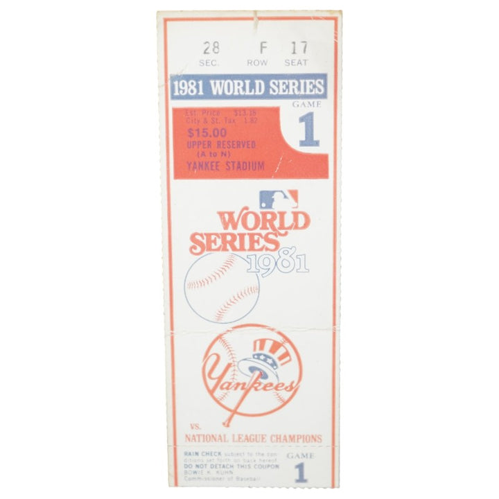 1981 World Series Game 1 Yankees vs. Dodgers 10/20/1981 Yankee Stadium Ticket