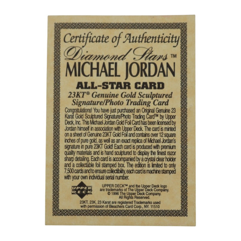1995 Upper Deck 23K Gold Michael Jordan Diamond Stars LE Trading Card UD COA