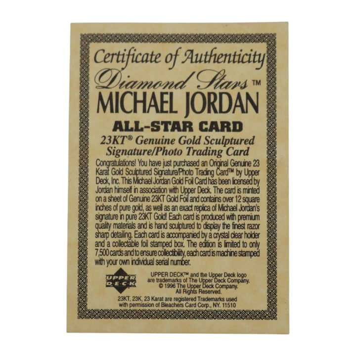 1995 Upper Deck 23K Gold Michael Jordan Diamond Stars LE Trading Card UD COA