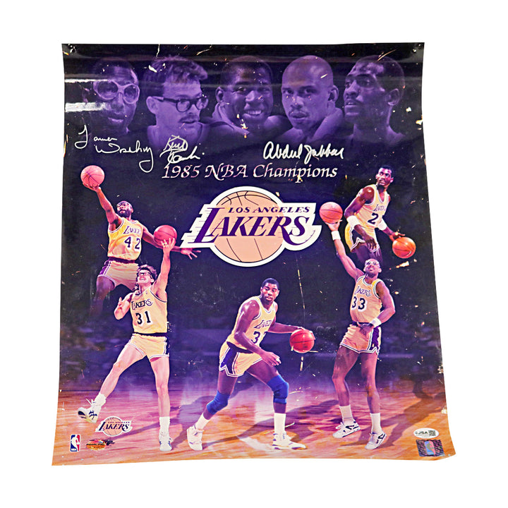 Abdul-Jabbar Worthy Rambiss Lakers Signed 1985 Champions 20x16 Photo JSA COA 