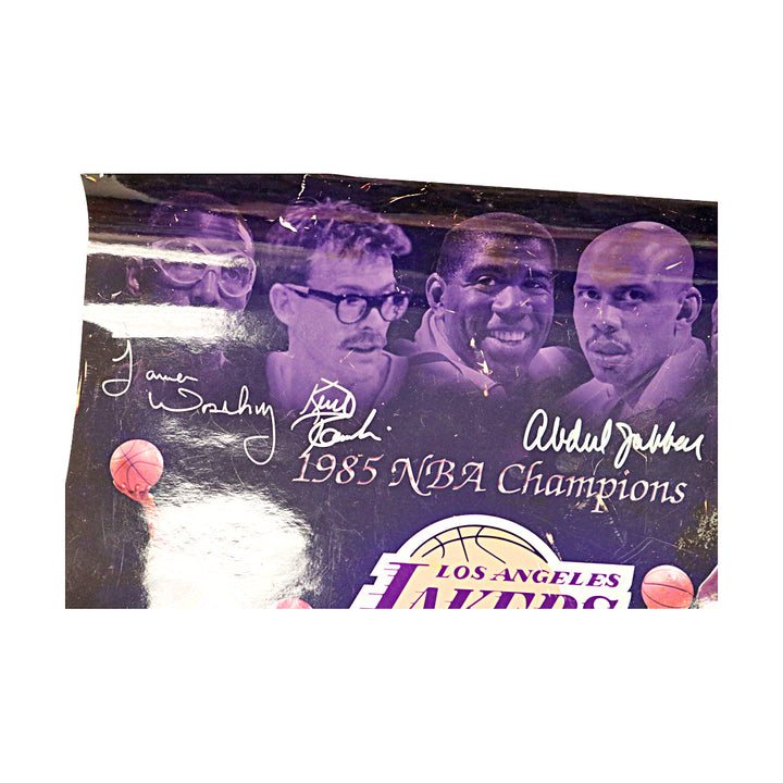 Abdul-Jabbar Worthy Rambiss Lakers Signed 1985 Champions 20x16 Photo JSA COA 