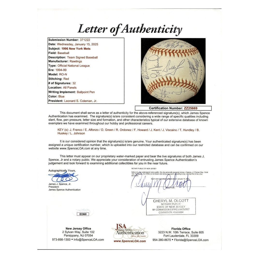 Franco, Alfonzo, Kent 1996 New York Mets Team Signed ONL Baseball (JSA LOA #ZZ25669)
