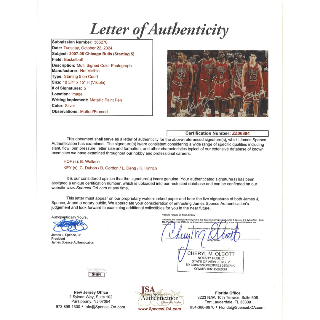Wallace Duhon Gordon Deng Hinrich 2007-08 Chicago Bulls Starting 5 Multi Signed Autographed 10x15 Photo (JSA LOA)