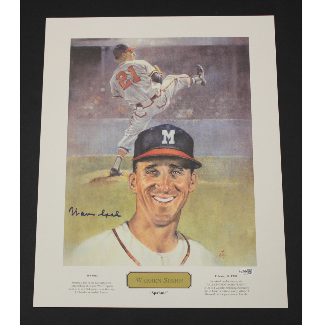 Warren Spahn Atlanta Braves Autographed 16x20 Bruce Stark Lithograph JSA COA