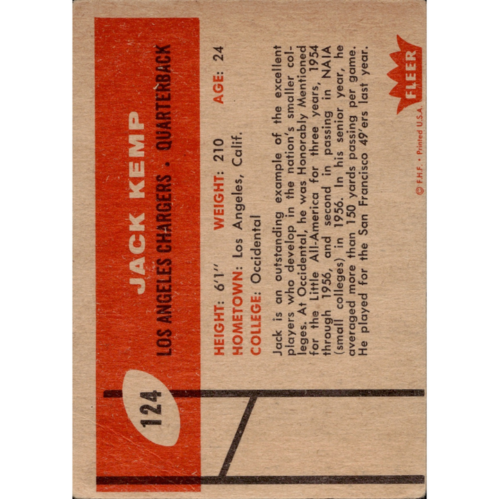 Jack Kemp Los Angeles Chargers 1960 Fleer #124