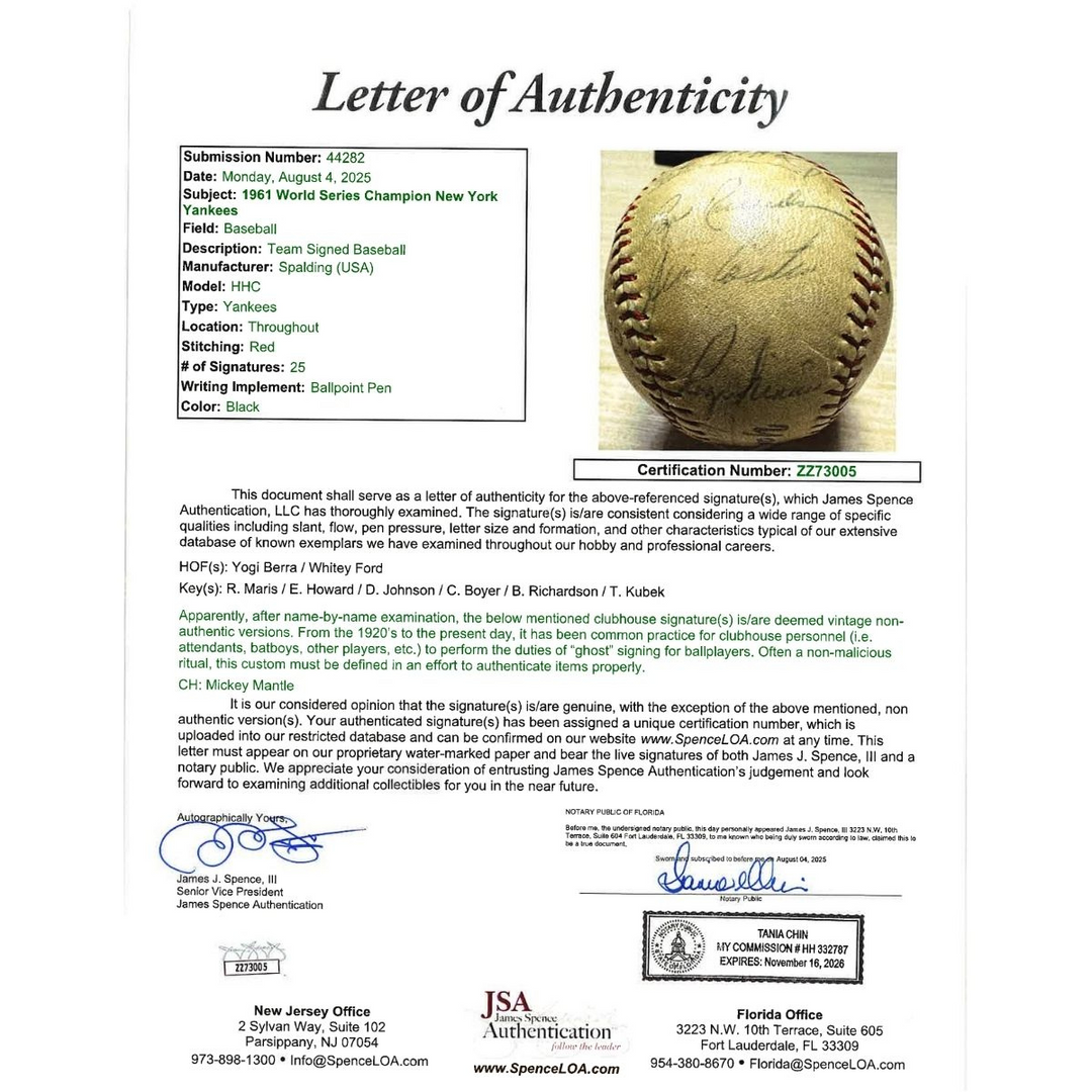 Maris Berra Ford New York Yankees 1961 Team Signed Spalding Baseball (JSA LOA)