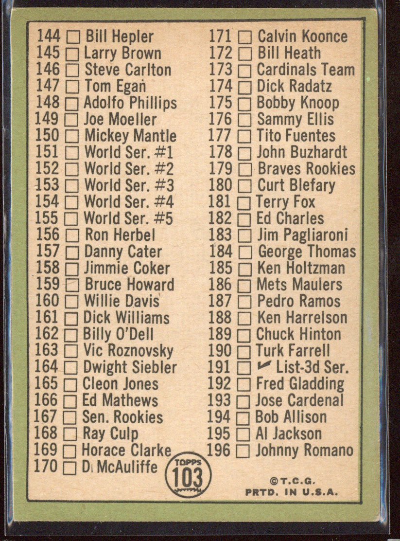 1967 Topps 2nd Series Checklist #103 unmarked