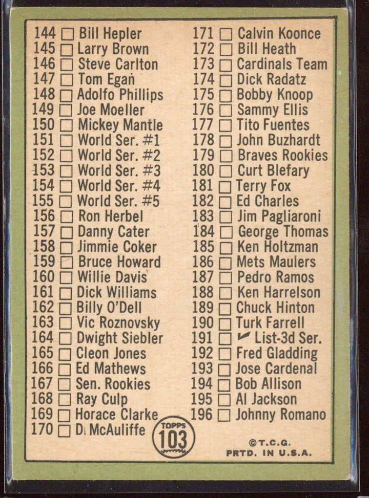 1967 Topps 2nd Series Checklist #103 unmarked