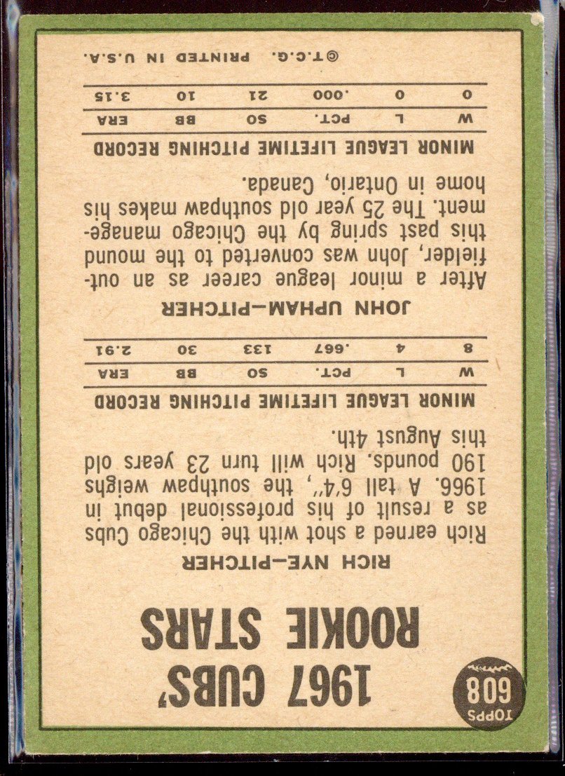 1967 Topps Rich Nye John Upham Cubs Rookie Stars #608 (3)