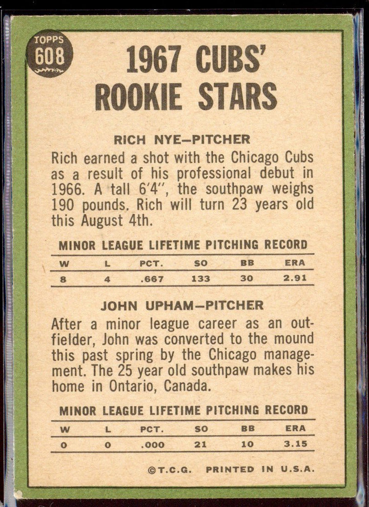1967 Topps Rich Nye John Upham Cubs Rookie Stars #608 (3)