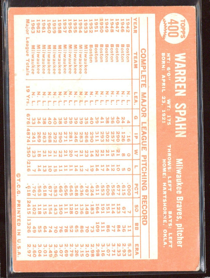 1964 Topps Warren Spahn #400 Braves