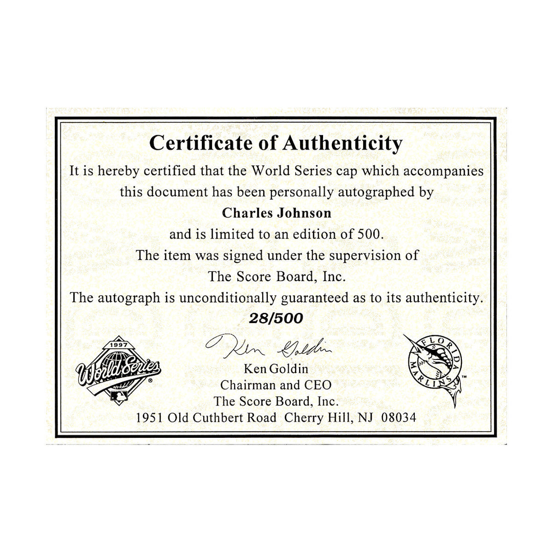 Charles Johnson Florida Marlins Autographed Signed 1997 World Series Hat (Goldin COA)