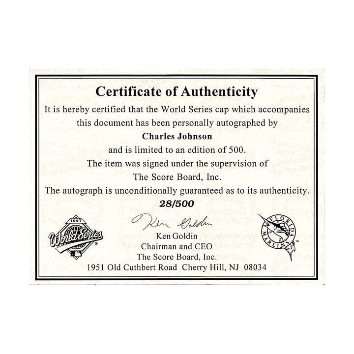 Charles Johnson Florida Marlins Autographed Signed 1997 World Series Hat (Goldin COA)