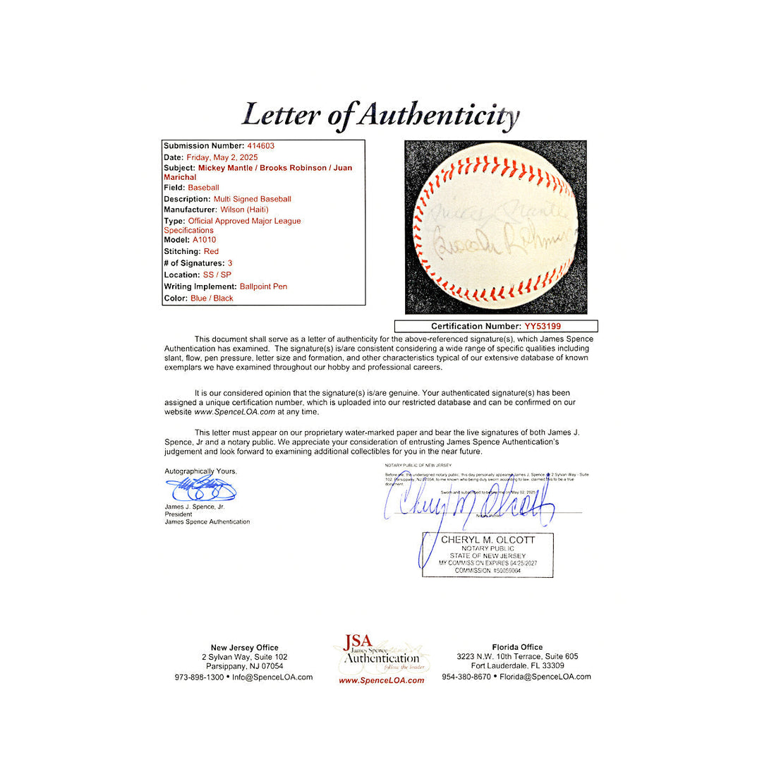 Mickey Mantle Brooks Robinson Juan Marichal Multi-Signed Autographed Baseball (JSA LOA #YY53199)