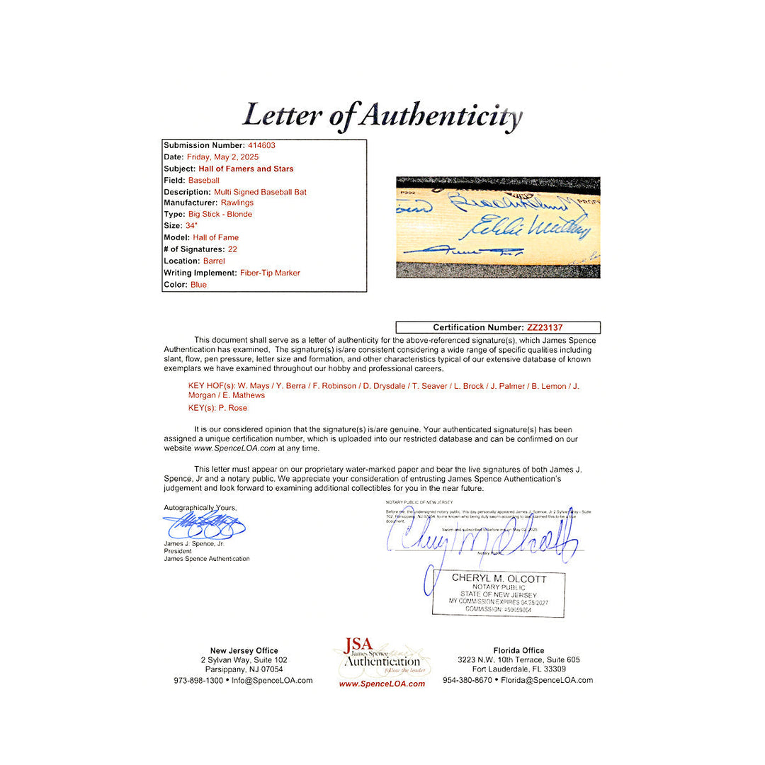 Williams Mays Berra Multi-Signed Autographed Hall of Fame Rawlings Bat with 22 Signatures (JSA LOA #ZZ23137)