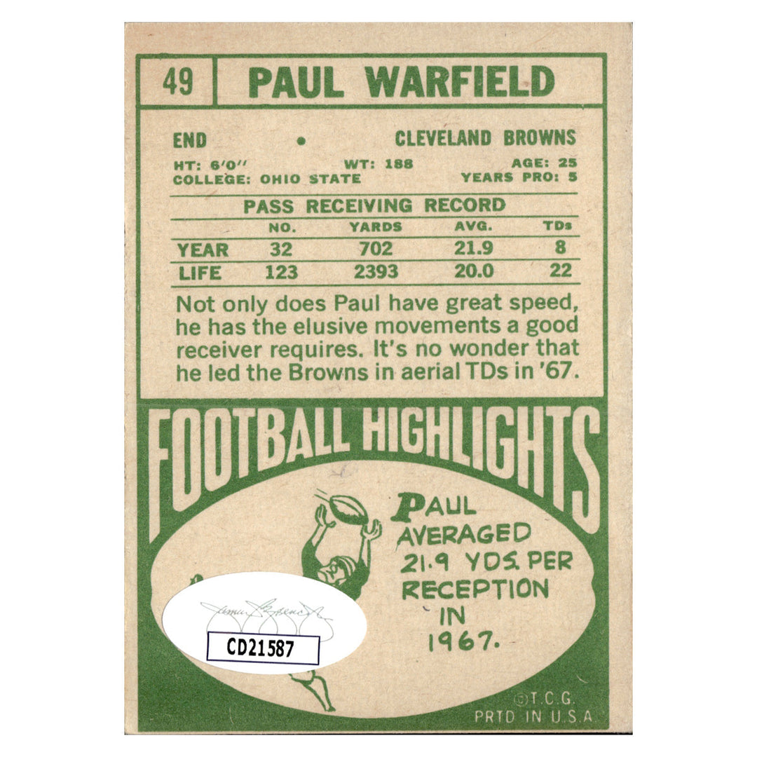 Paul Warfield Cleveland Browns Autographed Signed 1987 Topps (JSA COA #CD21587)
