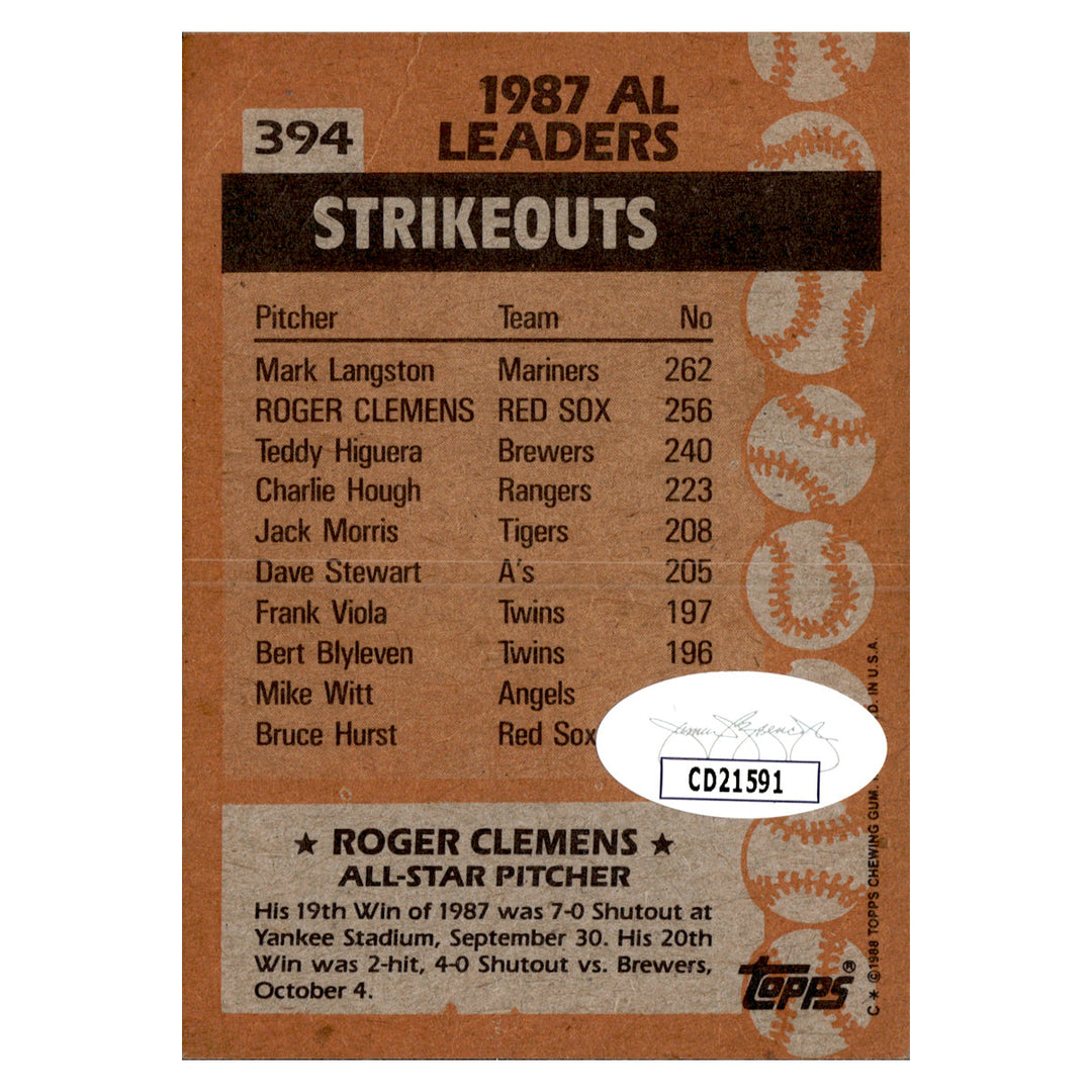 Roger Clemens Boston Red Sox Autographed Signed 1988 Topps (JSA COA #CD21591)