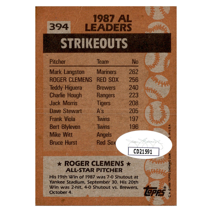 Roger Clemens Boston Red Sox Autographed Signed 1988 Topps (JSA COA #CD21591)