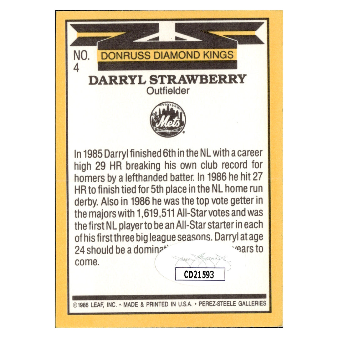 Darryl Strawberry New York Mets Autographed Signed 1987 Donruss (JSA COA #CD21593)