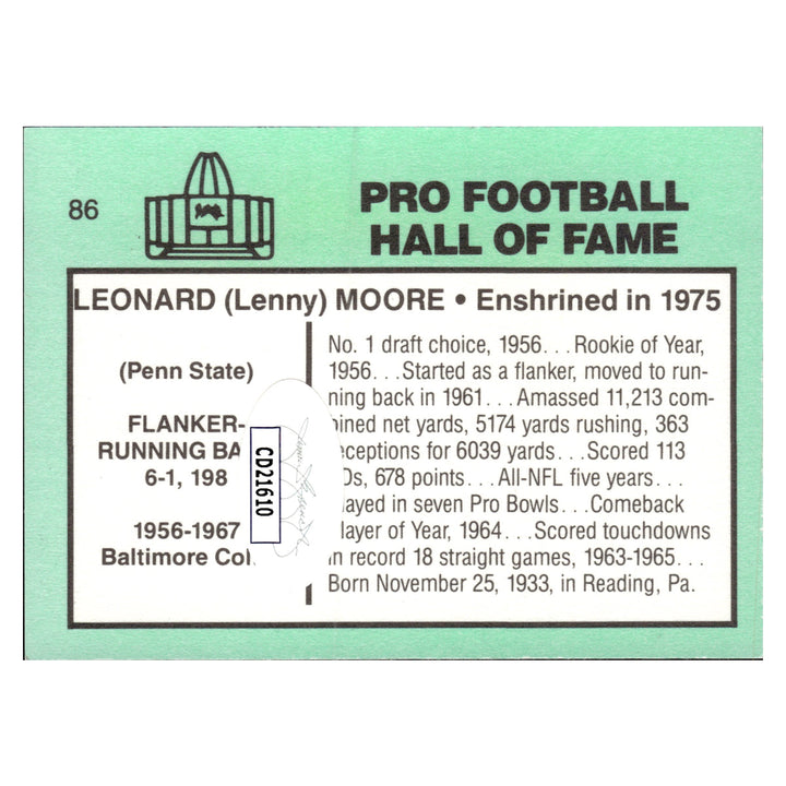 Lenny Moore Indianapolis Colts Autographed Signed Football Immortals Card (JSA COA #CD21610)